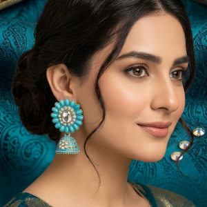 turquoise blossom jhumka earrings