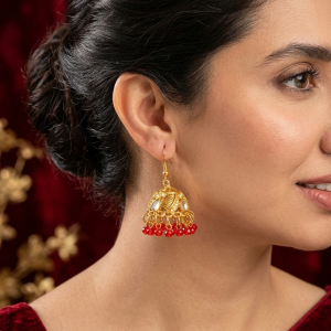 gold & red kundan jhumka earrings
